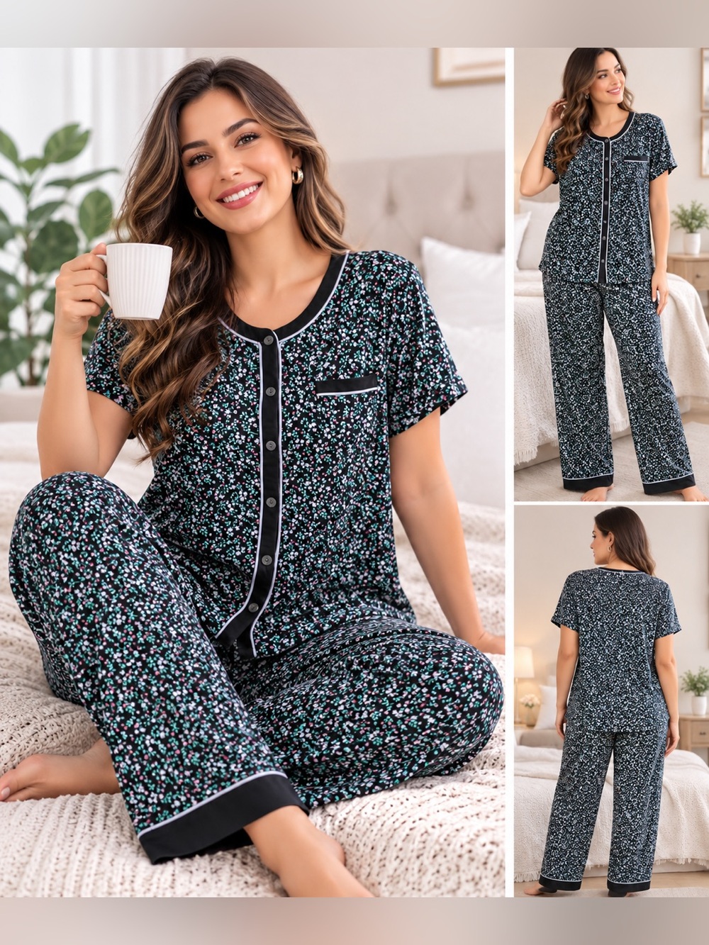 Aria collection Women’s Short Sleeve Button-Front Pajama Set -  Floral